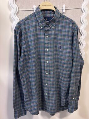 Polo Ralph Lauren Blue Label Men’s Shirt size M blue green plaid button collar